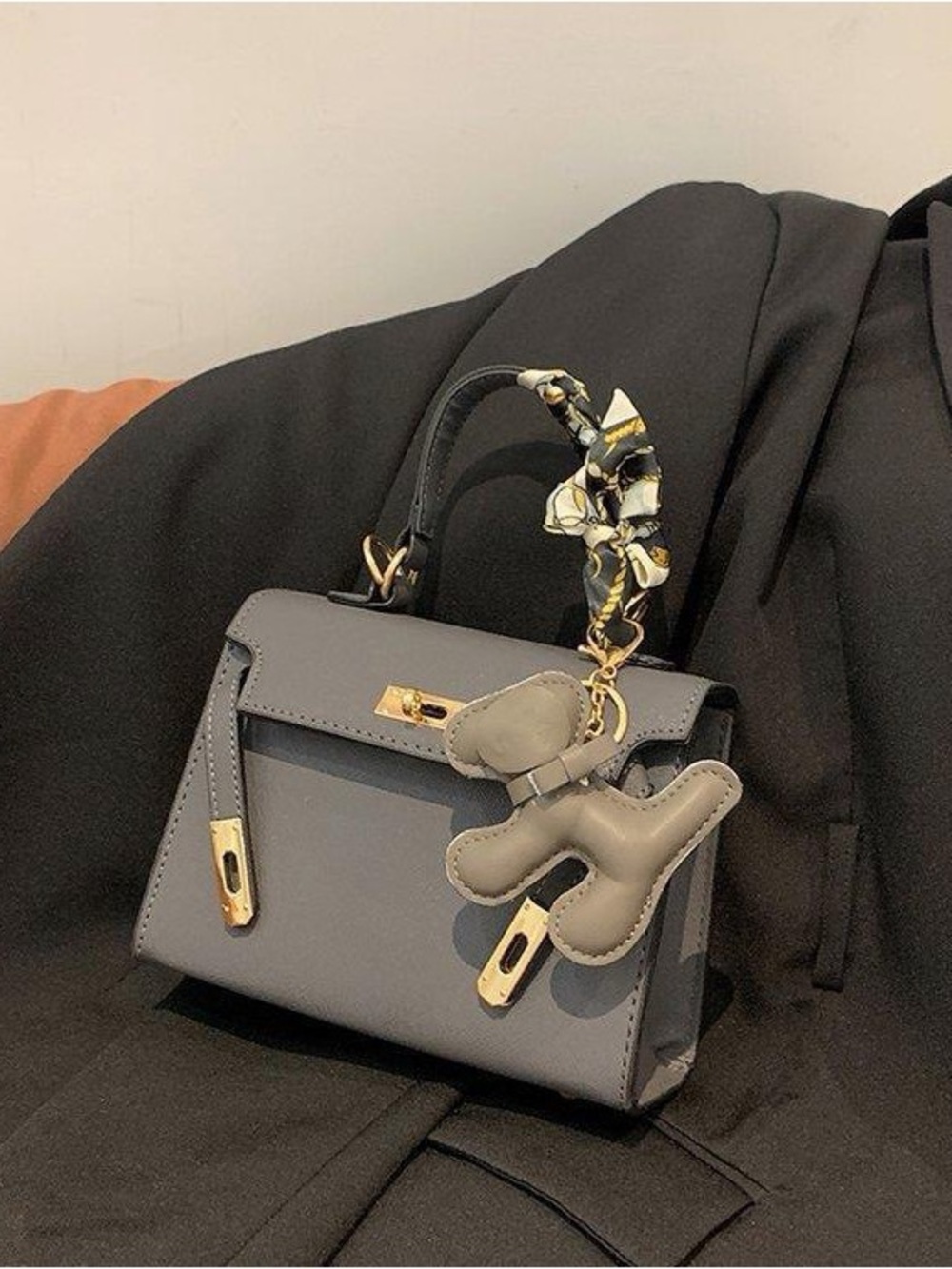 Chic Gray Top-Handle Satchel with Teddy Charm